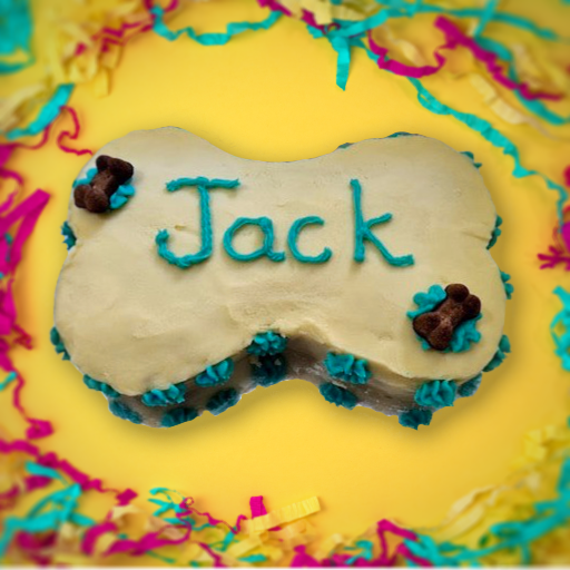 A bone shaped cake with jack on it