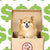 Small dog popping out of a cardboard box with dollar sign background