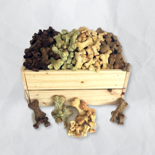 A wooden box full of bone dog treats